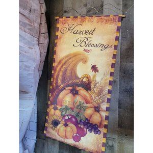 Harvest Blessings Cornucopia Thanksgiving pumpkin grapes apple banner flag decor